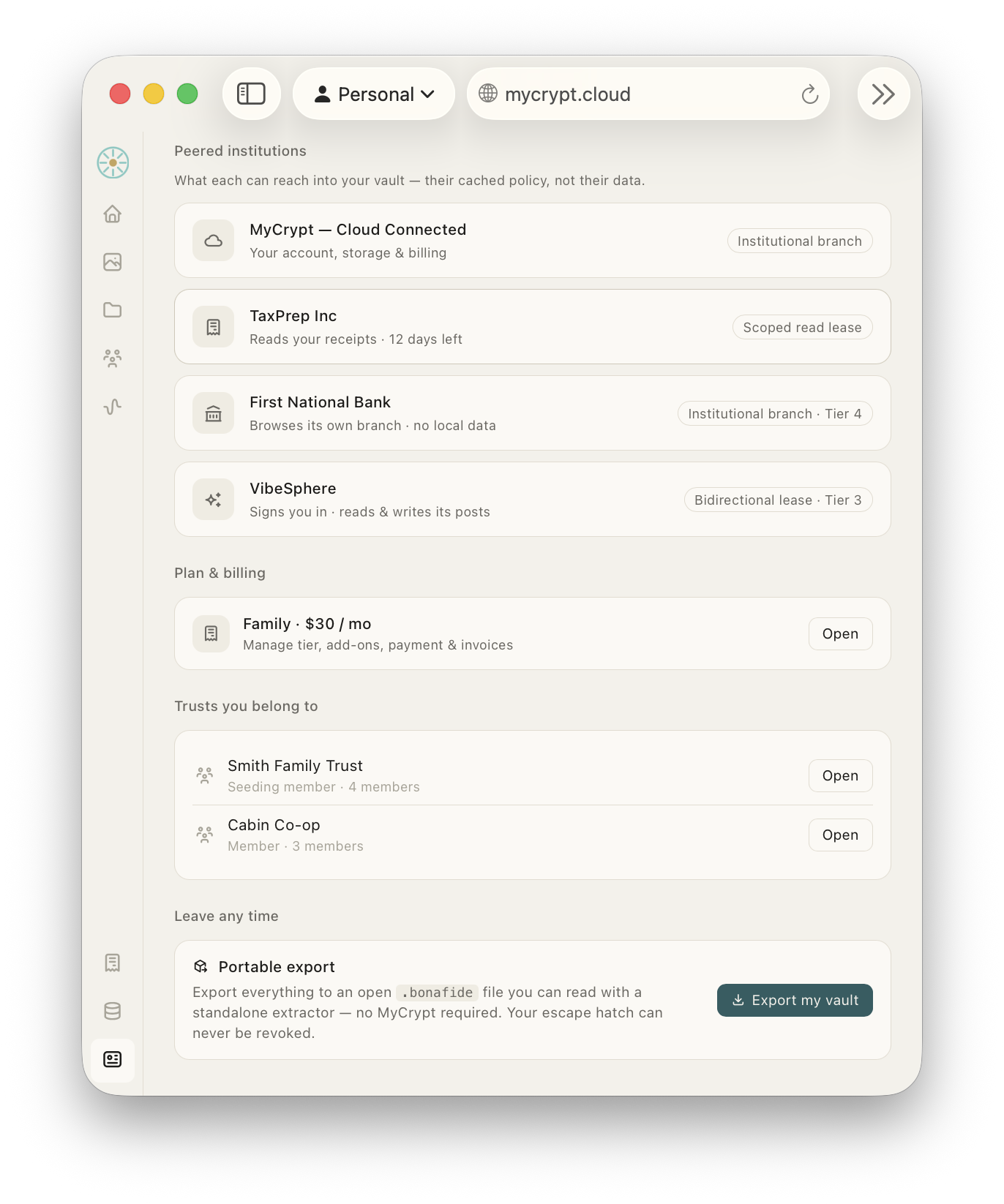 MyCrypt's advanced screen showing device trust tiers, peered institutions with scoped read leases, plan and billing, trusts the user belongs to, and a portable export to an open file that requires no MyCrypt account to read.