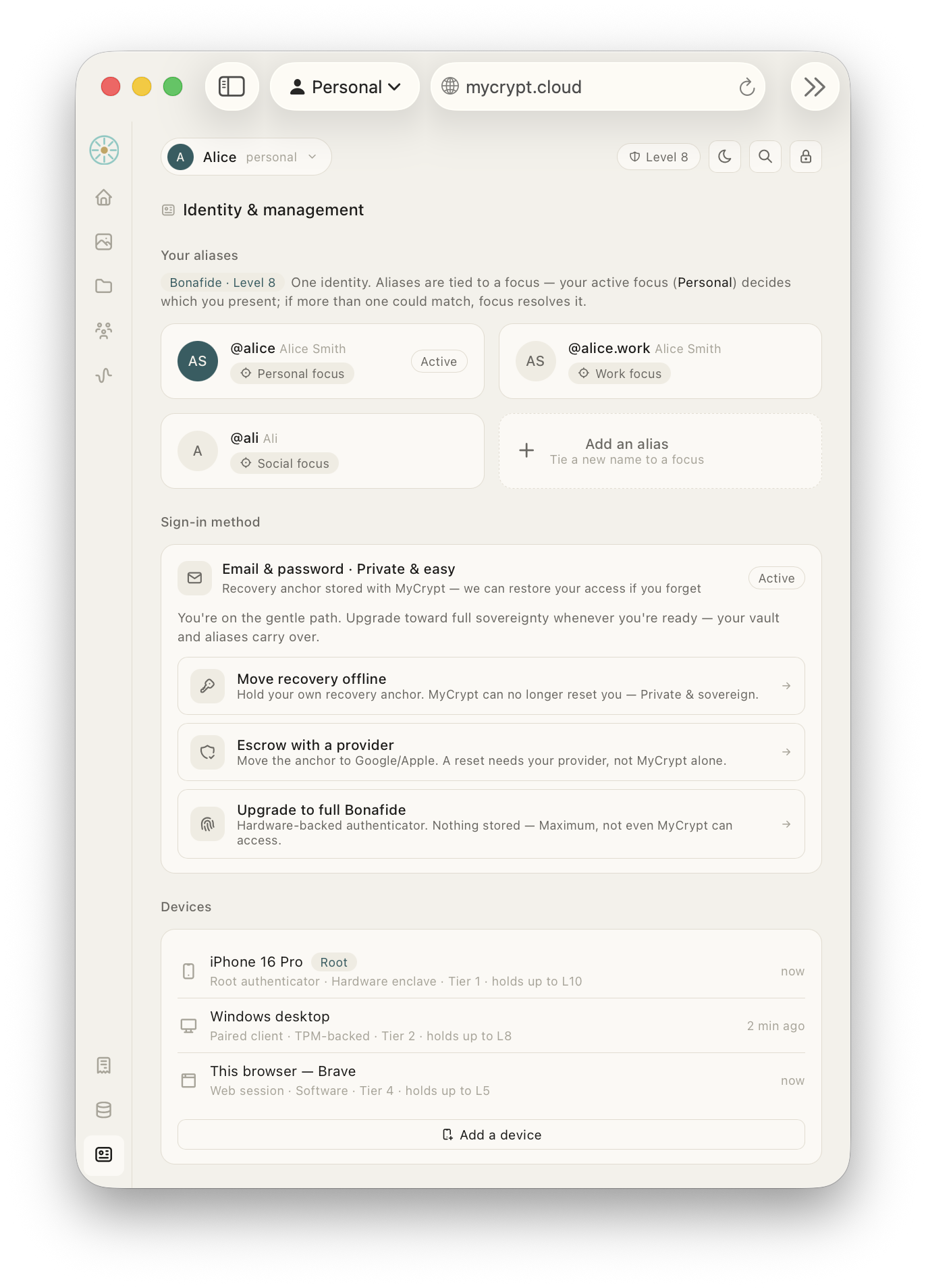 MyCrypt's Identity & management screen: aliases @alice, @alice.work, and @ali each tied to a focus, plus a sign-in ladder from email-and-password up to a hardware-backed authenticator that not even MyCrypt can access.