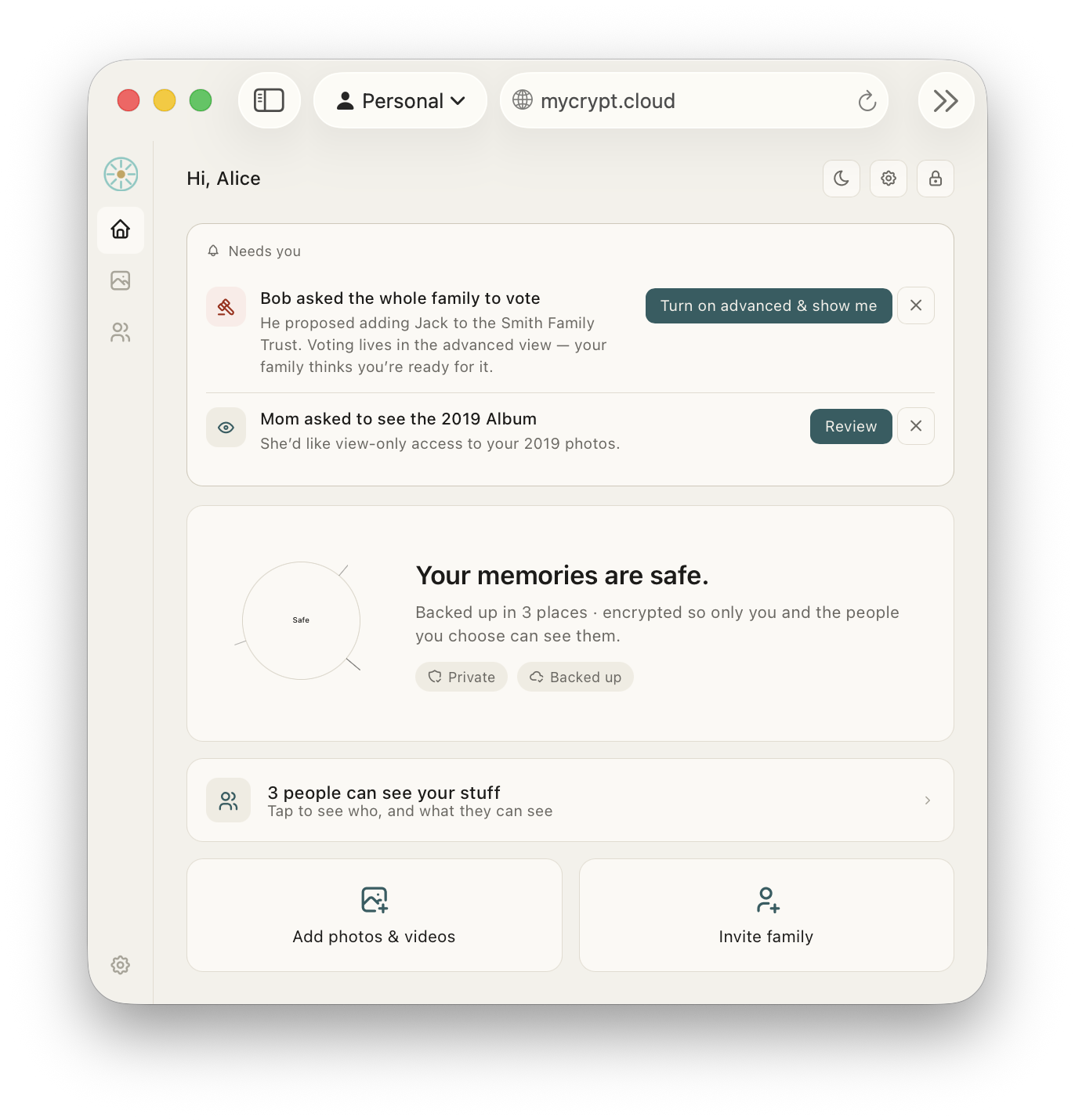 The MyCrypt home screen: your memories are safe, backed up in three places, with simple actions to add photos or invite family.